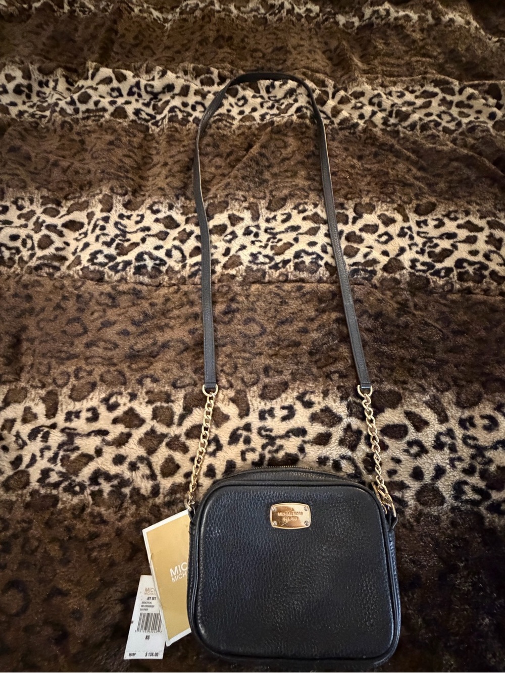 Michael Kors Black Pebbled Leather Crossbody with Gold Chain